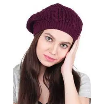 Bharatasya Maroon Winter Woollen Knitted Beret Cap